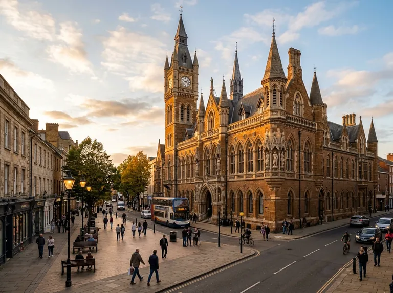 Northampton town centre with the Guildhall and market square at golden hour