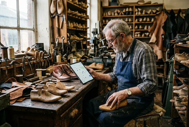 A Northampton shoemaker in a traditional workshop checking his business on a maps app on a tablet