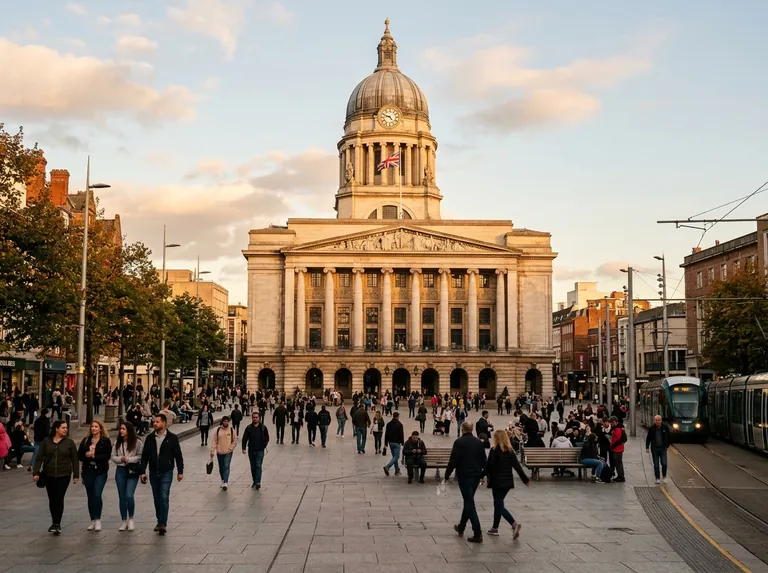 Nottingham Old Market Square and the Council House at golden hour