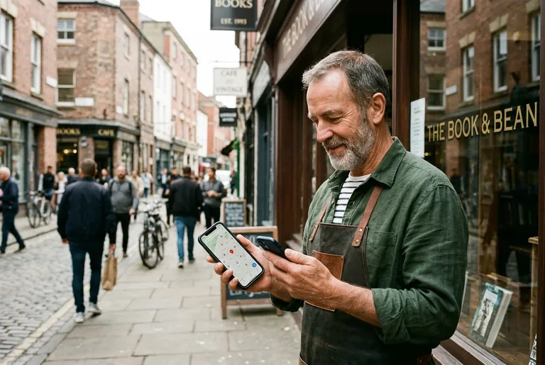 A Hockley independent shop owner checking his business on a maps app on a smartphone