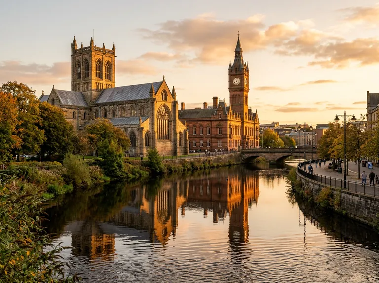 Paisley Abbey and the Town Hall beside the White Cart Water at golden hour
