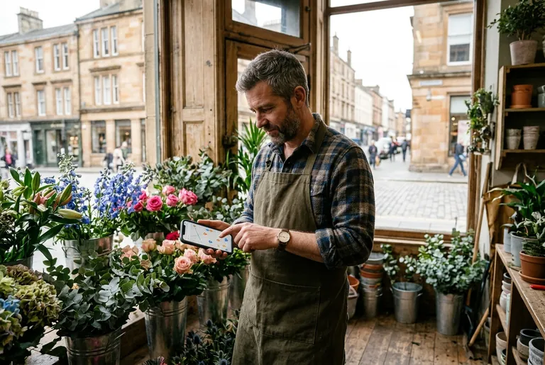 A Paisley florist checking his business listing on a smartphone