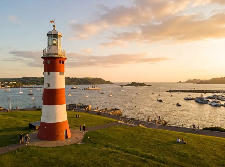 Plymouth Hoe and Smeaton's Tower overlooking Plymouth Sound at golden hour