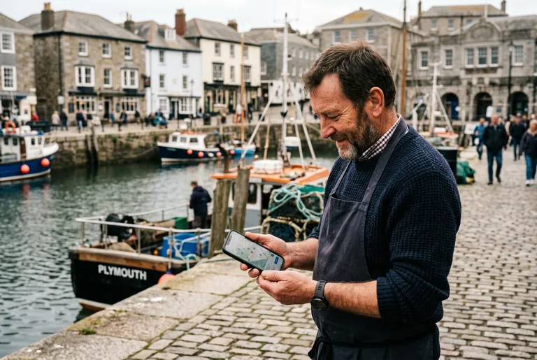 A Plymouth Barbican restaurant owner checking his business on a maps app on a smartphone