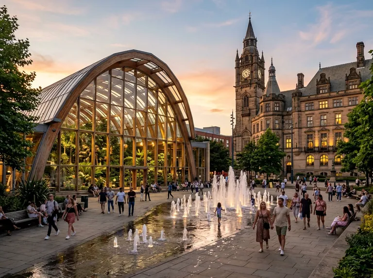 Sheffield city centre with the Winter Garden and Peace Gardens on a bright evening