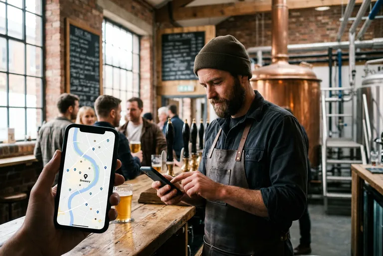 A Kelham Island craft brewery owner checking his business on a maps app on a smartphone