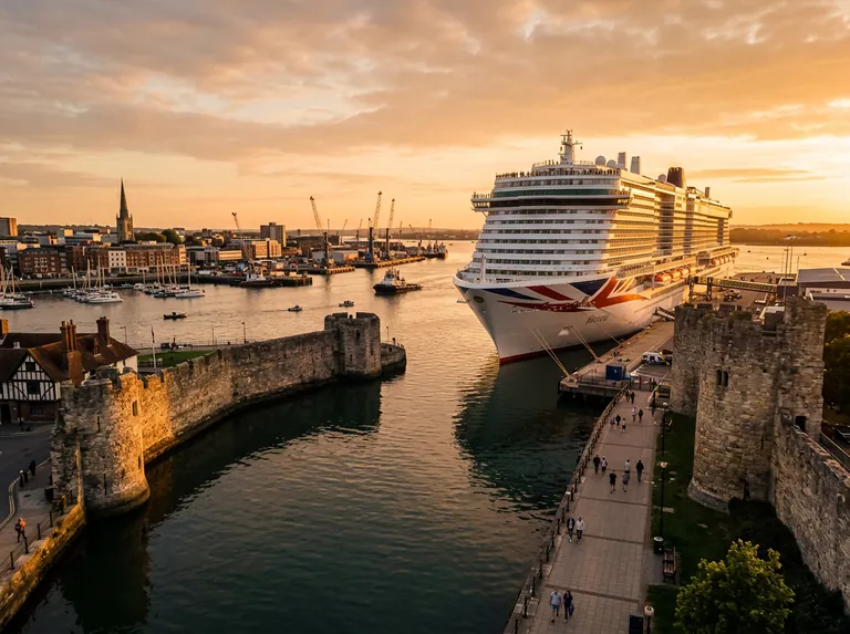 Southampton waterfront at golden hour with a cruise ship in port and the city walls