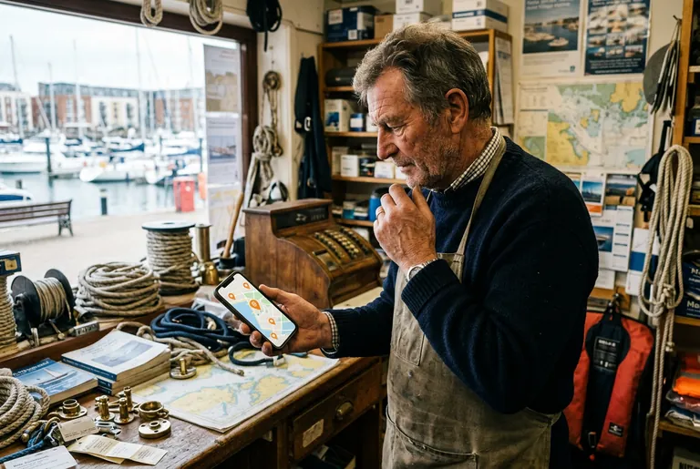 A Southampton Ocean Village marine supplies shop owner checking his business on a maps app on a smartphone