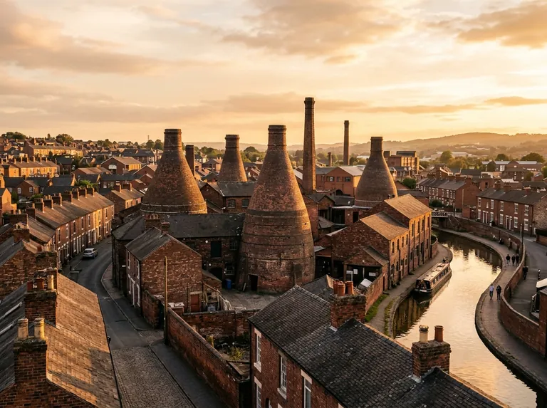 Stoke-on-Trent skyline with historic bottle kilns at golden hour