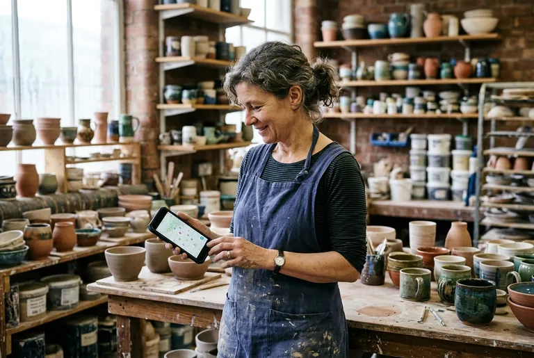 A Stoke-on-Trent pottery studio owner checking her business on a maps app on a smartphone