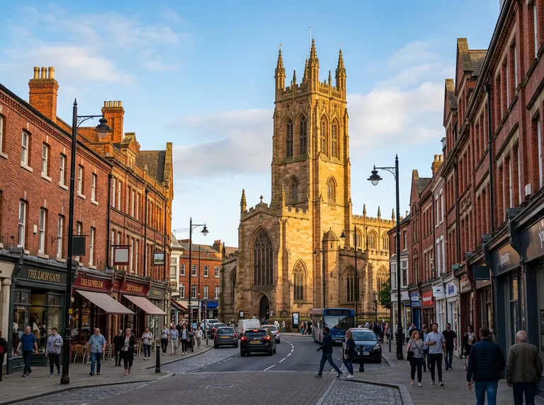 Wolverhampton city centre with St Peter's Collegiate Church at golden hour