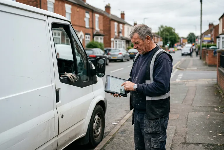 A Wolverhampton builder beside his van checking his business on a maps app on a tablet